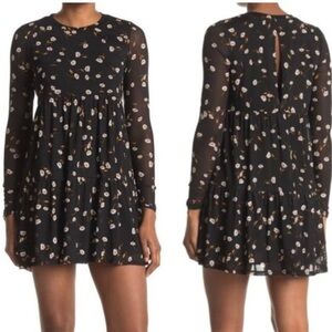 AFRM Noir Spring Floral Sheer Mesh Tiered Long Sleeve Mini Babydoll Dress Size M